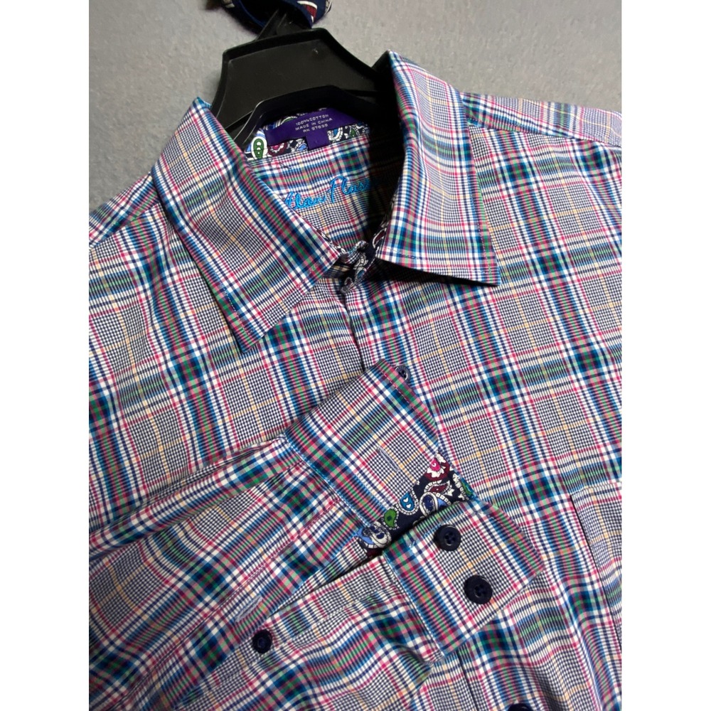 Alan Flusser Men's Plaid Button Down Long Sleeve Shirt L‎ 100% Cotton